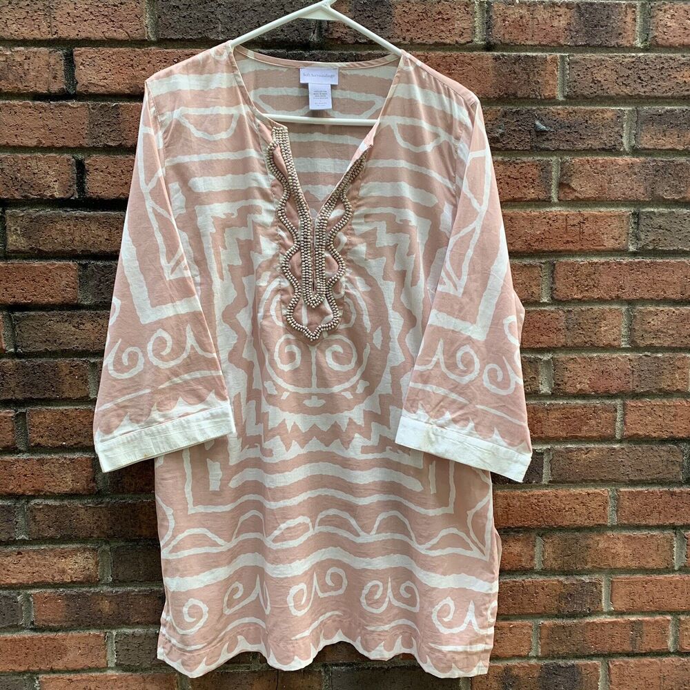 Soft Surroundings Pink White Tribal Top Tunic Cover Up Beaded Hook Closure Large